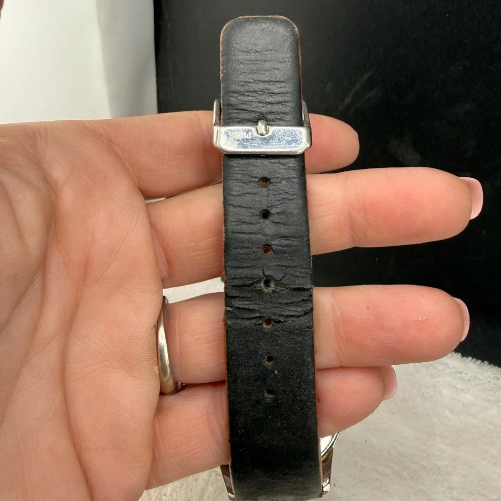Puma Chronograph Watch Black Silver Leather Strap Date Sport Mens 7.5in